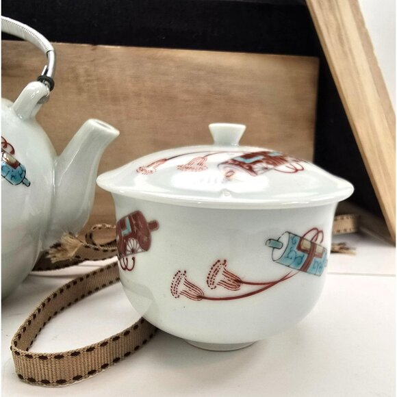Vintage Chinese Porcelain Teapot & Lidded Bowl Set Bird Motif Wooden Box JE257 - Picture 2 of 10